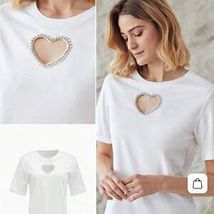 FRENCH TWIST White Heart Embellished T Shirt size large